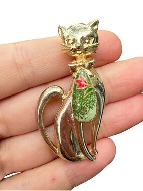 Vintage Jewelry Cat Brooch Unique Cat Pin with Green